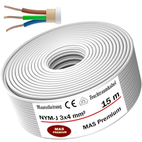 MAS-Premium® Feuchtraumkabel Stromkabel Mantelleitung Elektrokabel Ring zur Verlegung über, auf, in und unter Putz, in trockenen, feuchten und nassen Räumen - Made in Germany (NYM-J 3x4 mm², 15m) von MAS Premium