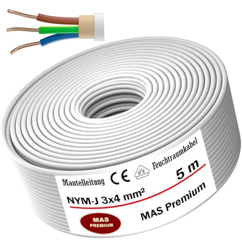 MAS-Premium® Feuchtraumkabel Stromkabel Mantelleitung Elektrokabel Ring zur Verlegung über, auf, in und unter Putz, in trockenen, feuchten und nassen Räumen - Made in Germany (NYM-J 3x4 mm², 5m) von MAS Premium