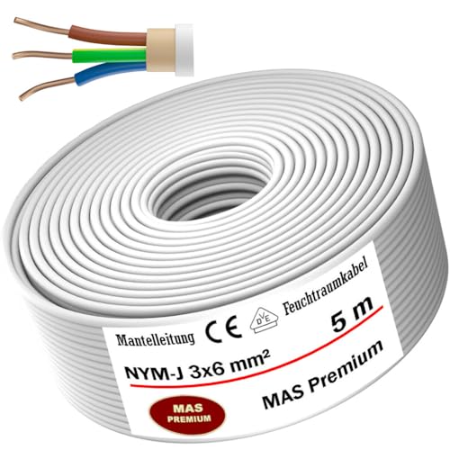 MAS-Premium® Feuchtraumkabel Stromkabel Mantelleitung Elektrokabel Ring zur Verlegung über, auf, in und unter Putz, in trockenen, feuchten und nassen Räumen - Made in Germany (NYM-J 3x6 mm², 5m) von MAS Premium