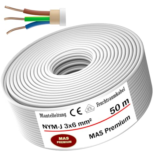 MAS-Premium® Feuchtraumkabel Stromkabel Mantelleitung Elektrokabel Ring zur Verlegung über, auf, in und unter Putz, in trockenen, feuchten und nassen Räumen - Made in Germany (NYM-J 3x6 mm², 50m) von MAS Premium