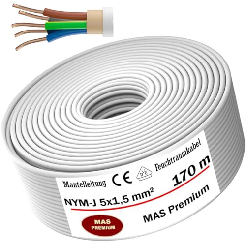 MAS-Premium® Feuchtraumkabel Stromkabel Mantelleitung Elektrokabel Ring zur Verlegung über, auf, in und unter Putz, in trockenen, feuchten und nassen Räumen - Made in Germany (NYM-J 5x1,5 mm², 170m) von MAS Premium