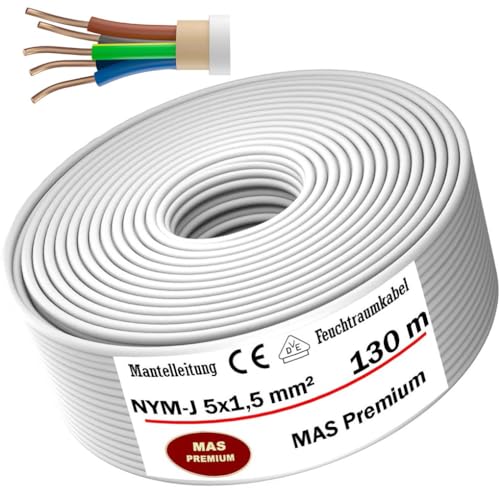 MAS-Premium® Feuchtraumkabel Stromkabel Mantelleitung Elektrokabel Ring zur Verlegung über, auf, in und unter Putz, in trockenen, feuchten und nassen Räumen - Made in Germany (NYM-J 5x1,5 mm², 130m) von MAS Premium