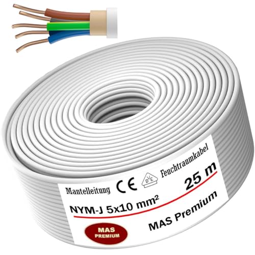 MAS-Premium® Feuchtraumkabel Stromkabel Mantelleitung Elektrokabel Ring zur Verlegung über, auf, in und unter Putz, in trockenen, feuchten und nassen Räumen - Made in Germany (NYM-J 5x10 mm², 25m) von MAS Premium
