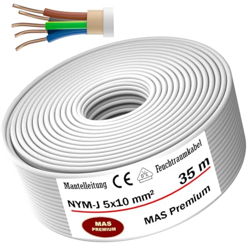 MAS-Premium® Feuchtraumkabel Stromkabel Mantelleitung Elektrokabel Ring zur Verlegung über, auf, in und unter Putz, in trockenen, feuchten und nassen Räumen - Made in Germany (NYM-J 5x10 mm², 35m) von MAS Premium
