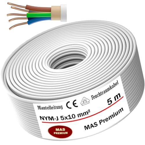 MAS-Premium® Feuchtraumkabel Stromkabel Mantelleitung Elektrokabel Ring zur Verlegung über, auf, in und unter Putz, in trockenen, feuchten und nassen Räumen - Made in Germany (NYM-J 5x10 mm², 5m) von MAS Premium