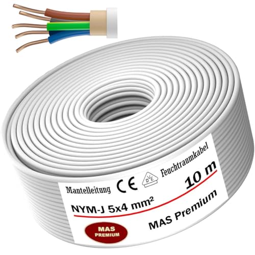 MAS-Premium® Feuchtraumkabel Stromkabel Mantelleitung Elektrokabel Ring zur Verlegung über, auf, in und unter Putz, in trockenen, feuchten und nassen Räumen - Made in Germany (NYM-J 5x4 mm², 10m) von MAS Premium