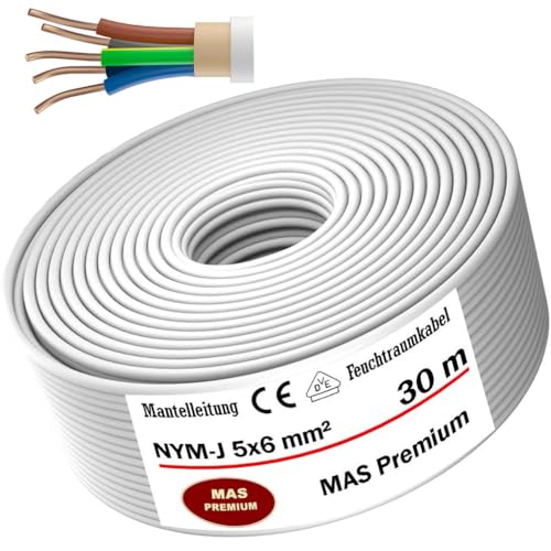 MAS-Premium® Feuchtraumkabel Stromkabel Mantelleitung Elektrokabel Ring zur Verlegung über, auf, in und unter Putz, in trockenen, feuchten und nassen Räumen - Made in Germany (NYM-J 5x6 mm², 30m) von MAS Premium