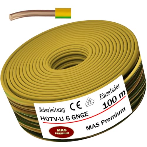 MAS Premium 100m Aderleitung Eindrähtig H07 V-U 1x6 mm² SW, GNGE, HBL Einzelader starr (Grüngelb) von MAS Premium