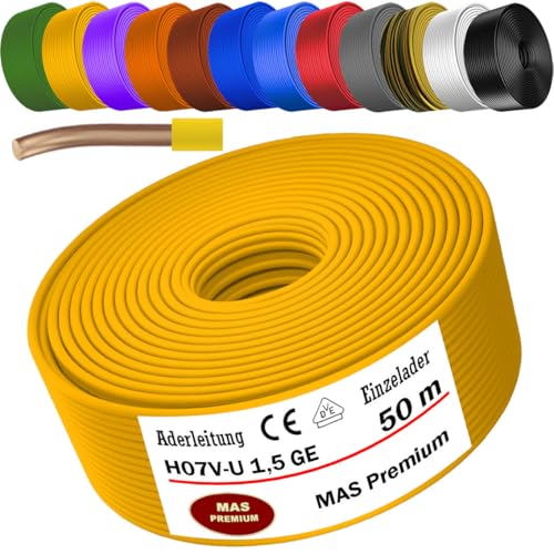 MAS Premium 5-100m Aderleitung Eindrähtig H07 V-U 1,5 2,5 Einzelader starr (H07 V-U 1,5 GE, 50m) von MAS Premium