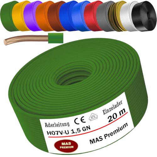 MAS Premium 5-100m Aderleitung Eindrähtig H07 V-U 1,5 2,5 Einzelader starr (H07 V-U 1,5 GN, 20m) von MAS Premium