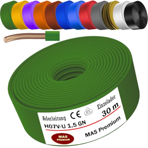 MAS Premium 5-100m Aderleitung Eindrähtig H07 V-U 1,5 2,5 Einzelader starr (H07 V-U 1,5 GN, 30m) von MAS Premium