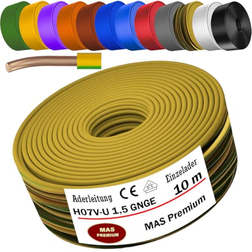 MAS Premium 5-100m Aderleitung Eindrähtig H07 V-U 1,5 2,5 Einzelader starr (H07 V-U 1,5 GNGE, 10m) von MAS Premium