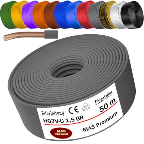 MAS Premium 5-100m Aderleitung Eindrähtig H07 V-U 1,5 2,5 Einzelader starr (H07 V-U 1,5 GR, 50m) von MAS Premium
