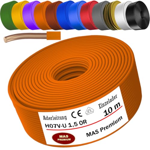 MAS Premium 5-100m Aderleitung Eindrähtig H07 V-U 1,5 2,5 Einzelader starr (H07 V-U 1,5 OR, 10m) von MAS Premium