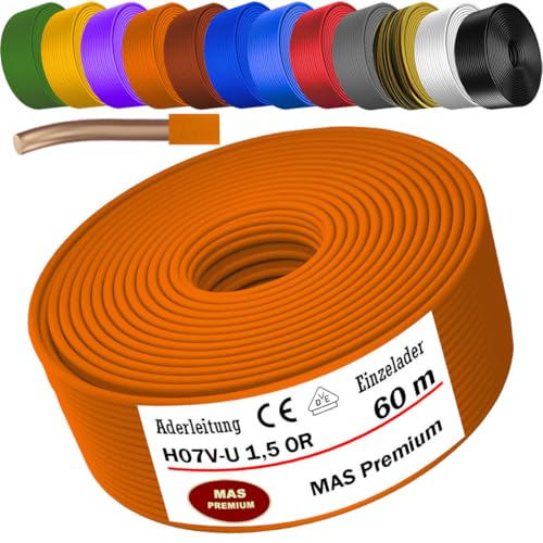 MAS Premium 5-100m Aderleitung Eindrähtig H07 V-U 1,5 2,5 Einzelader starr (H07 V-U 1,5 OR, 60m) von MAS Premium