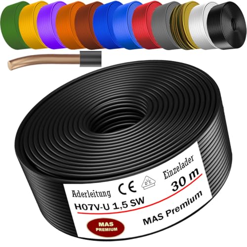 MAS Premium 5-100m Aderleitung Eindrähtig H07 V-U 1,5 2,5 Einzelader starr (H07 V-U 1,5 SW, 30m) von MAS Premium