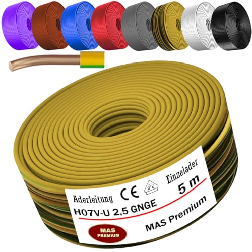 MAS Premium 5-100m Aderleitung Eindrähtig H07 V-U 1,5 2,5 Einzelader starr (H07 V-U 2,5 GNGE, 5m) von MAS Premium
