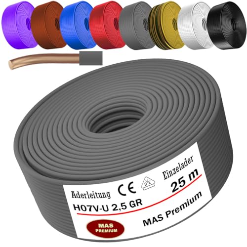 MAS Premium 5-100m Aderleitung Eindrähtig H07 V-U 1,5 2,5 Einzelader starr (H07 V-U 2,5 GR, 25m) von MAS Premium