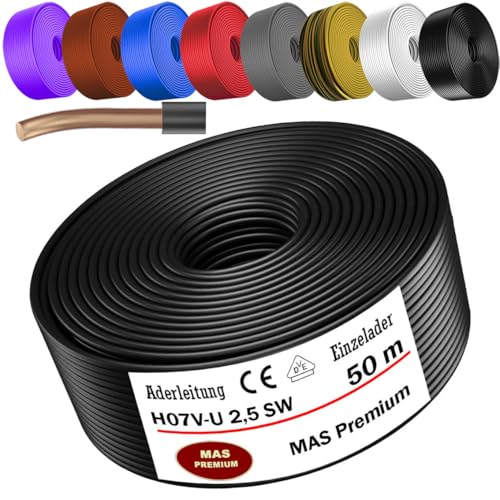 MAS Premium 5-100m Aderleitung Eindrähtig H07 V-U 1,5 2,5 Einzelader starr (H07 V-U 2,5 SW, 50m) von MAS Premium