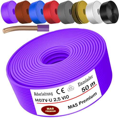 MAS Premium 5-100m Aderleitung Eindrähtig H07 V-U 1,5 2,5 Einzelader starr (H07 V-U 2,5 VIO, 50m) von MAS Premium