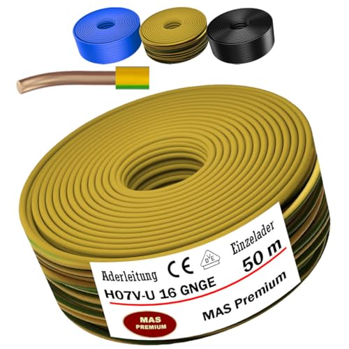 MAS Premium 5-100m Aderleitung Eindrähtig H07 V-U 4 6 10 16 Einzelader starr (H07 V-U 16 GNGE, 50m) von MAS Premium