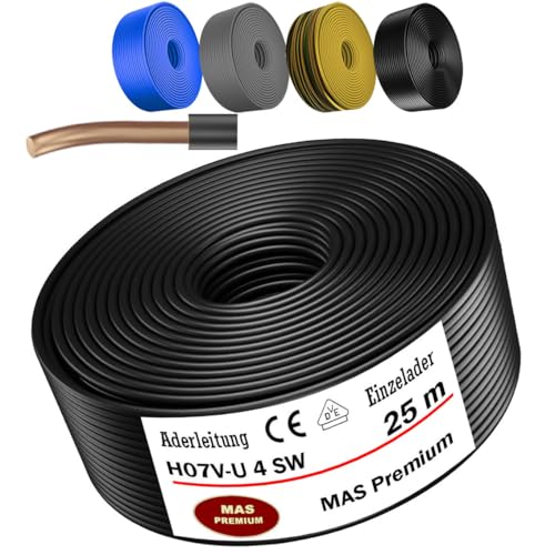 MAS Premium 5-100m Aderleitung Eindrähtig H07 V-U 4 6 10 16 Einzelader starr (H07 V-U 4 SW, 25m) von MAS Premium