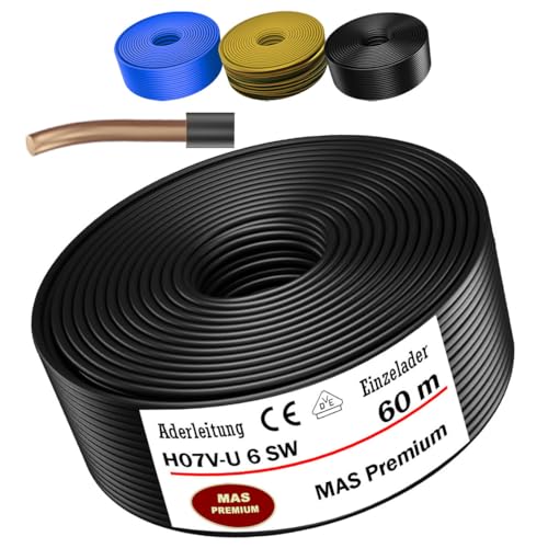 MAS Premium 5-100m Aderleitung Eindrähtig H07 V-U 4 6 10 16 Einzelader starr (H07 V-U 6 SW, 60m) von MAS Premium