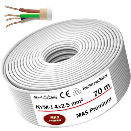 MAS Premium 5-100m Feuchtraumkabel Stromkabel Mantelleitung NYM-J 4x1,5, 2,5, 4, 6, 10 oder 16 Elektrokabel Ring für feste Verlegung (NYM-J 4x2,5 mm², 70m) von MAS Premium