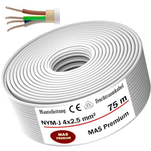 MAS Premium 5-100m Feuchtraumkabel Stromkabel Mantelleitung NYM-J 4x1,5, 2,5, 4, 6, 10 oder 16 Elektrokabel Ring für feste Verlegung (NYM-J 4x2,5 mm², 75m) von MAS Premium