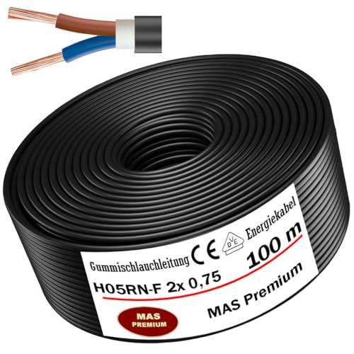 MAS Premium 5-100m Gummischlauchleitung Energiekabel Baustellenkabel H05RN-F 2x 0,75 mm², 2x 1 mm², 3G0,75 mm² oder 3G1 mm² Flexibel Leitung für schweren Geräten (H05RN-F 2x 0,75 mm², 100m) von MAS Premium