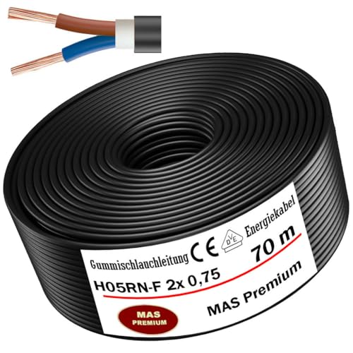 MAS Premium 5-100m Gummischlauchleitung Energiekabel Baustellenkabel H05RN-F 2x 0,75 mm², 2x 1 mm², 3G0,75 mm² oder 3G1 mm² Flexibel Leitung für schweren Geräten (H05RN-F 2x 0,75 mm², 70m) von MAS Premium
