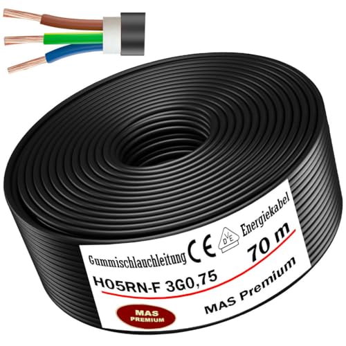 MAS Premium 5-100m Gummischlauchleitung Energiekabel Baustellenkabel H05RN-F 2x 0,75 mm², 2x 1 mm², 3G0,75 mm² oder 3G1 mm² Flexibel Leitung für schweren Geräten (H05RN-F 3G0,75 mm², 70m) von MAS Premium