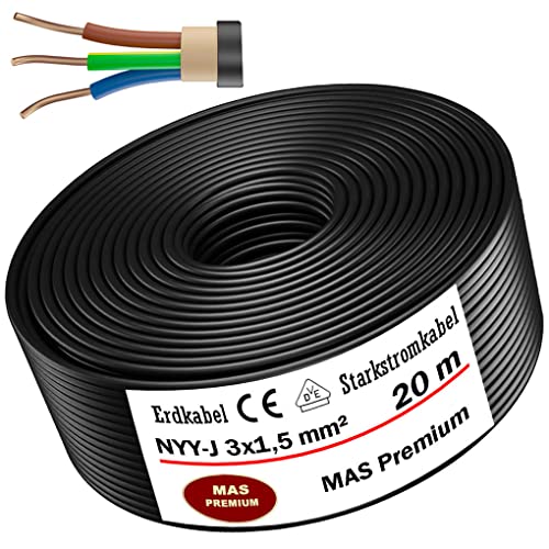 MAS Premium 5-170m NYY-J 3x1,5 2,5 4 6 10 16 oder 5x1,5 2,5 4 6 10 16 Erdkabel Starkstromkabel Elektrokabel Ring zur Verlegung im Freien Erdreich (NYY-J 3x1,5 mm², 20m) von MAS Premium