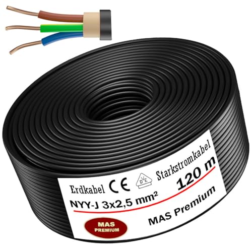 MAS Premium 5-170m NYY-J 3x1,5 2,5 4 6 10 16 oder 5x1,5 2,5 4 6 10 16 Erdkabel Starkstromkabel Elektrokabel Ring zur Verlegung im Freien Erdreich (NYY-J 3x2,5 mm², 120m) von MAS Premium
