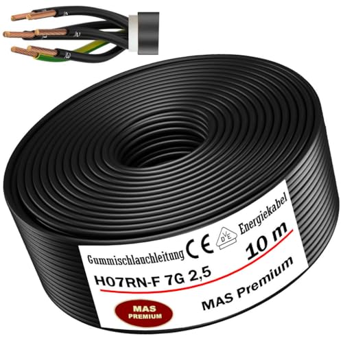 MAS Premium 5-80m Gummischlauchleitung Energiekabel Baustellenkabel H07RN-F 7G 1,5 oder 2,5 Flexibel Leitung mit Schutzleiter für schweren Geräten (H07RN-F 7G2,5 mm², 10m) von MAS Premium