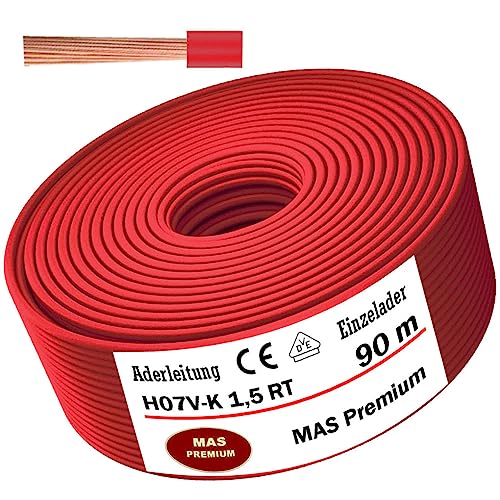 MAS Premium Aderleitung H07 V-K 1x1,5 mm² Rot Einzelader flexibel Von 5 bis 100m (90m) von MAS Premium