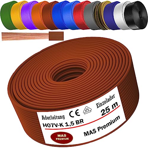 MAS Premium Aderleitung H07 V-K 1x1,5 mm² SW HBL GNGE GN RT DBL BR OR GR WS VIO U-MAR.BL RS RTWS DBLWS oder GE Einzelader flexibel Von 5 bis 100m (Braun, 25m) von MAS Premium