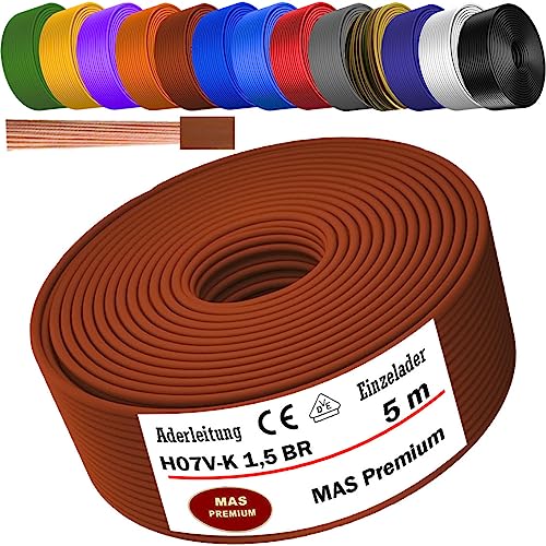 MAS Premium Aderleitung H07 V-K 1x1,5 mm² SW HBL GNGE GN RT DBL BR OR GR WS VIO U-MAR.BL RS RTWS DBLWS oder GE Einzelader flexibel Von 5 bis 100m (Braun, 5m) von MAS Premium