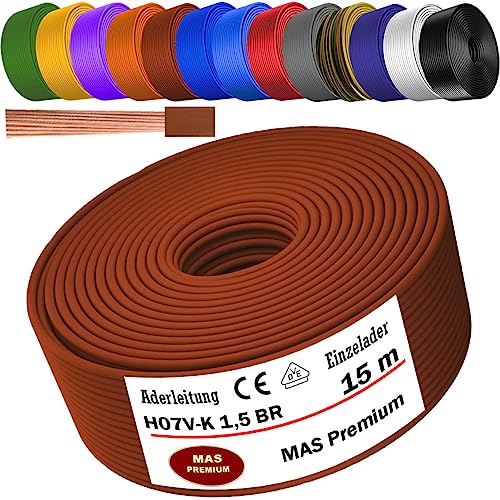 MAS Premium Aderleitung H07 V-K 1x1,5 mm² SW HBL GNGE GN RT DBL BR OR GR WS VIO U-MAR.BL RS RTWS DBLWS oder GE Einzelader flexibel Von 5 bis 100m (Braun, 15m) von MAS Premium