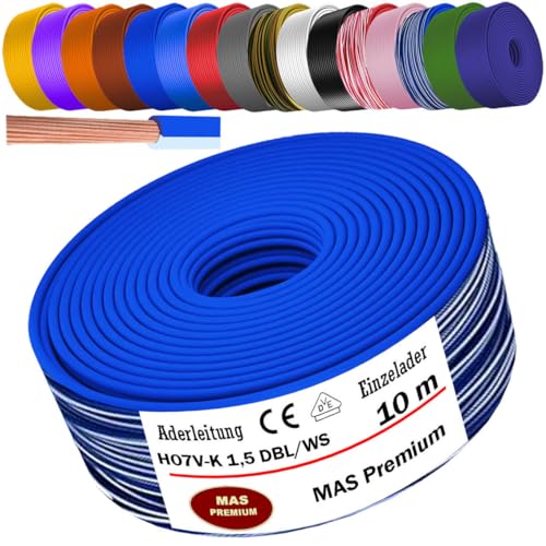MAS Premium Aderleitung H07 V-K 1x1,5 mm² SW HBL GNGE GN RT DBL BR OR GR WS VIO U-MAR.BL RS RTWS DBLWS oder GE Einzelader flexibel Von 5 bis 100m (Dunkelblau-Weiß, 10m) von MAS Premium