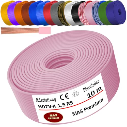 MAS Premium Aderleitung H07 V-K 1x1,5 mm² SW HBL GNGE GN RT DBL BR OR GR WS VIO U-MAR.BL RS RTWS DBLWS oder GE Einzelader flexibel Von 5 bis 100m (Rosa, 10m) von MAS Premium