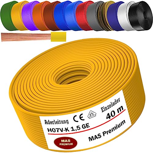 MAS Premium Aderleitung H07 V-K 1x1,5 mm² SW HBL GNGE GN RT DBL BR OR GR WS VIO U-MAR.BL RS RTWS DBLWS oder GE Einzelader flexibel Von 5 bis 100m (Gelb, 40m) von MAS Premium