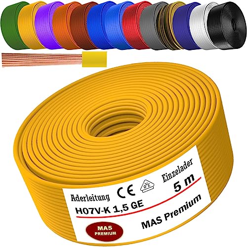 MAS Premium Aderleitung H07 V-K 1x1,5 mm² SW HBL GNGE GN RT DBL BR OR GR WS VIO U-MAR.BL RS RTWS DBLWS oder GE Einzelader flexibel Von 5 bis 100m (Gelb, 5m) von MAS Premium