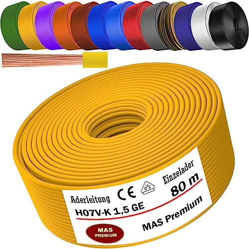 MAS Premium Aderleitung H07 V-K 1x1,5 mm² SW HBL GNGE GN RT DBL BR OR GR WS VIO U-MAR.BL RS RTWS DBLWS oder GE Einzelader flexibel Von 5 bis 100m (Gelb, 80m) von MAS Premium