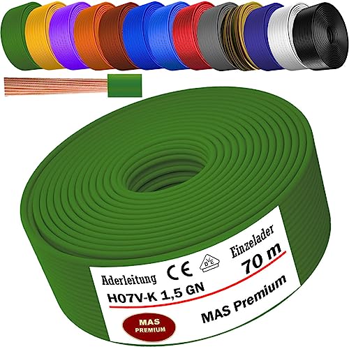 MAS Premium Aderleitung H07 V-K 1x1,5 mm² SW HBL GNGE GN RT DBL BR OR GR WS VIO U-MAR.BL RS RTWS DBLWS oder GE Einzelader flexibel Von 5 bis 100m (Grün, 70m) von MAS Premium