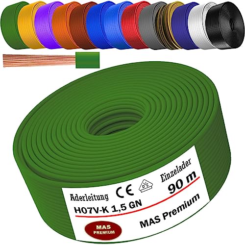 MAS Premium Aderleitung H07 V-K 1x1,5 mm² SW HBL GNGE GN RT DBL BR OR GR WS VIO U-MAR.BL RS RTWS DBLWS oder GE Einzelader flexibel Von 5 bis 100m (Grün, 90m) von MAS Premium