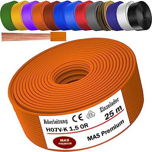 MAS Premium Aderleitung H07 V-K 1x1,5 mm² SW HBL GNGE GN RT DBL BR OR GR WS VIO U-MAR.BL RS RTWS DBLWS oder GE Einzelader flexibel Von 5 bis 100m (Orange, 25m) von MAS Premium