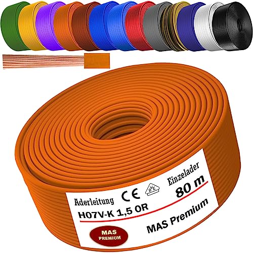 MAS Premium Aderleitung H07 V-K 1x1,5 mm² SW HBL GNGE GN RT DBL BR OR GR WS VIO U-MAR.BL RS RTWS DBLWS oder GE Einzelader flexibel Von 5 bis 100m (Orange, 80m) von MAS Premium