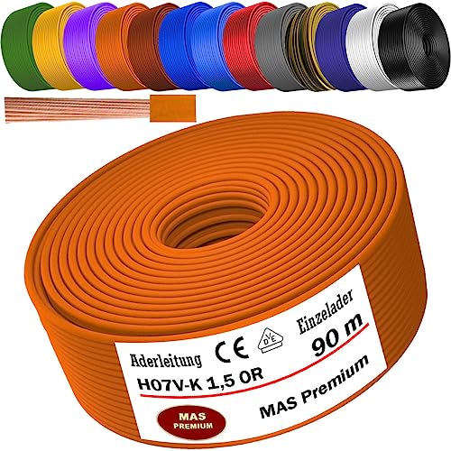 MAS Premium Aderleitung H07 V-K 1x1,5 mm² SW HBL GNGE GN RT DBL BR OR GR WS VIO U-MAR.BL RS RTWS DBLWS oder GE Einzelader flexibel Von 5 bis 100m (Orange, 90m) von MAS Premium