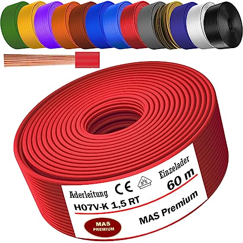 MAS Premium Aderleitung H07 V-K 1x1,5 mm² SW HBL GNGE GN RT DBL BR OR GR WS VIO U-MAR.BL RS RTWS DBLWS oder GE Einzelader flexibel Von 5 bis 100m (Rot, 60m) von MAS Premium